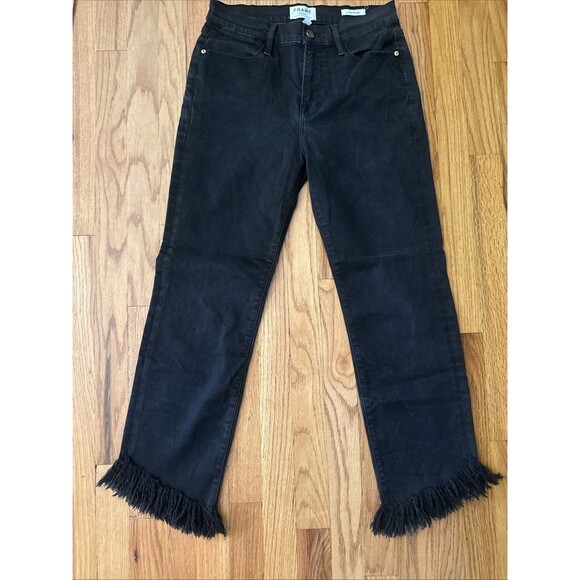 FRAME Le High Straight Film Noir Black Jeans Distressed Hem SZ 28 6 - Picture 1 of 8